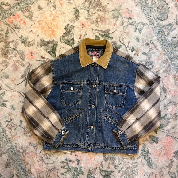 Vintage bomber Denim Jacket with Plaid Sleeves - Picture 1 of 8